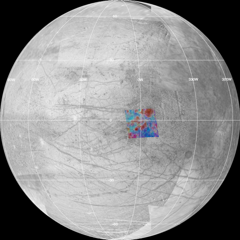 full-disc black and white view of europa with area of color superimposed