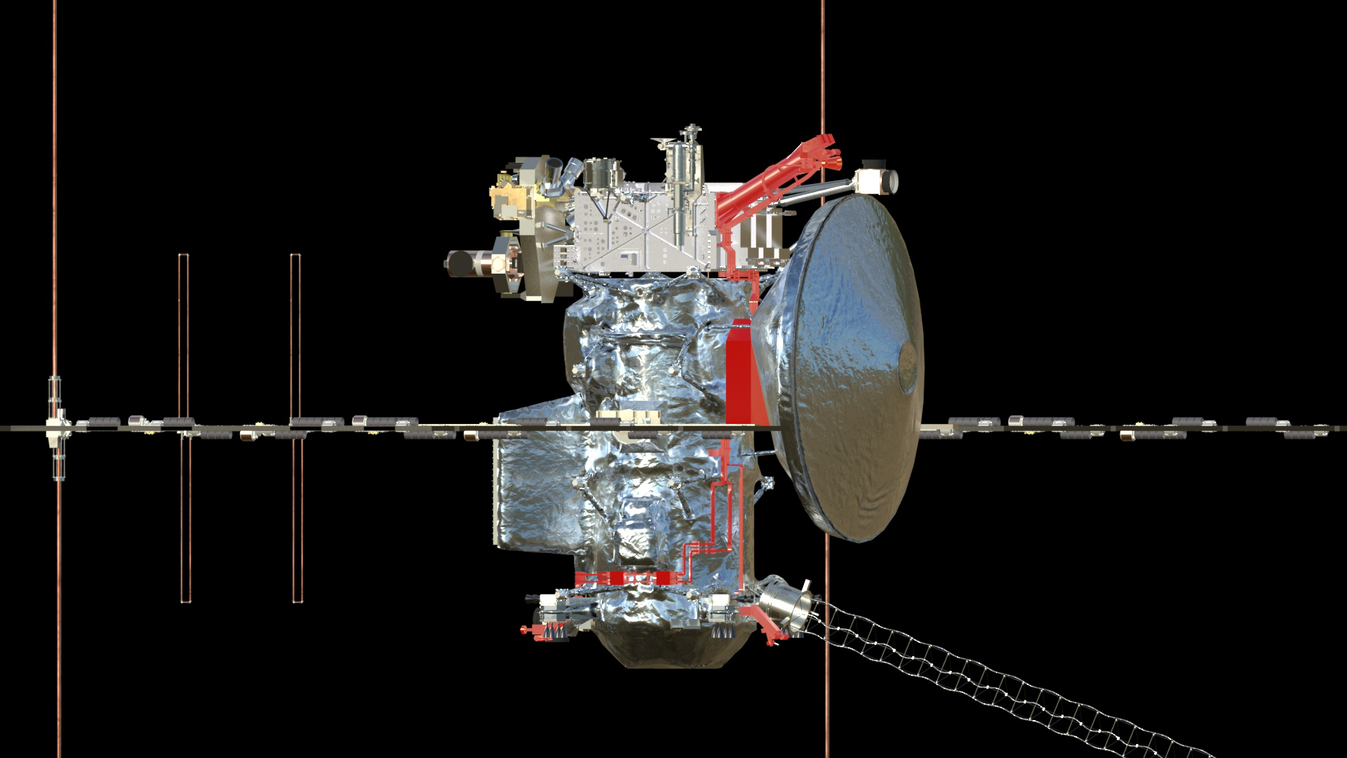 Radio-frequency hardware, which will be used for gravity experiments, highlighted in red on the Europa Clipper spacecraft. 
