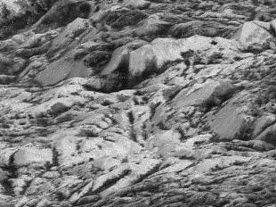 black and white view of ridges and rough terrain on an icy surface