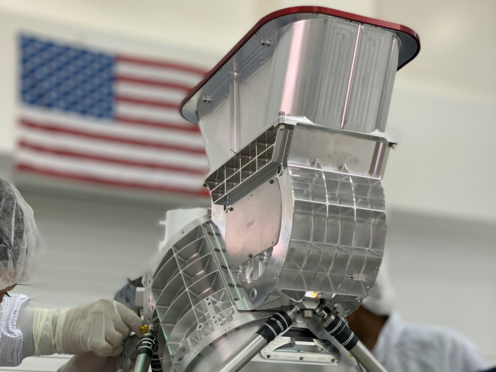 The flight model of Europa Clipper’s imaging spectrometer in a cleanroom at NASA’s Jet Propulsion Laboratory in Southern California.