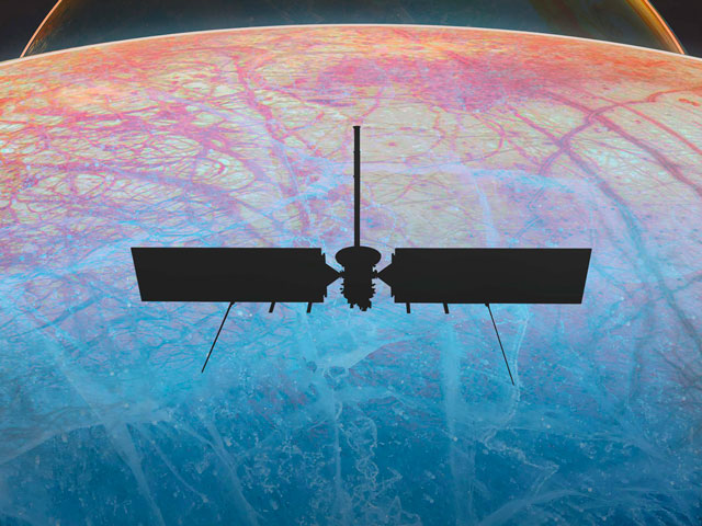 a section of an illustrated poster showing a silhouetted Europa Clipper spacecraft flying over a moon with blue and pink tones