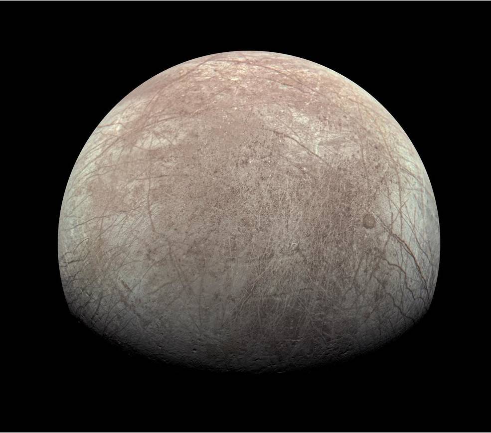 This view of Jupiter’s icy moon Europa was captured by the JunoCam imager aboard NASA’s Juno spacecraft during the mission’s close flyby on Sept. 29, 2022. The agency’s Europa Clipper spacecraft will explore the moon when it reaches orbit around Jupiter in 2030. 
