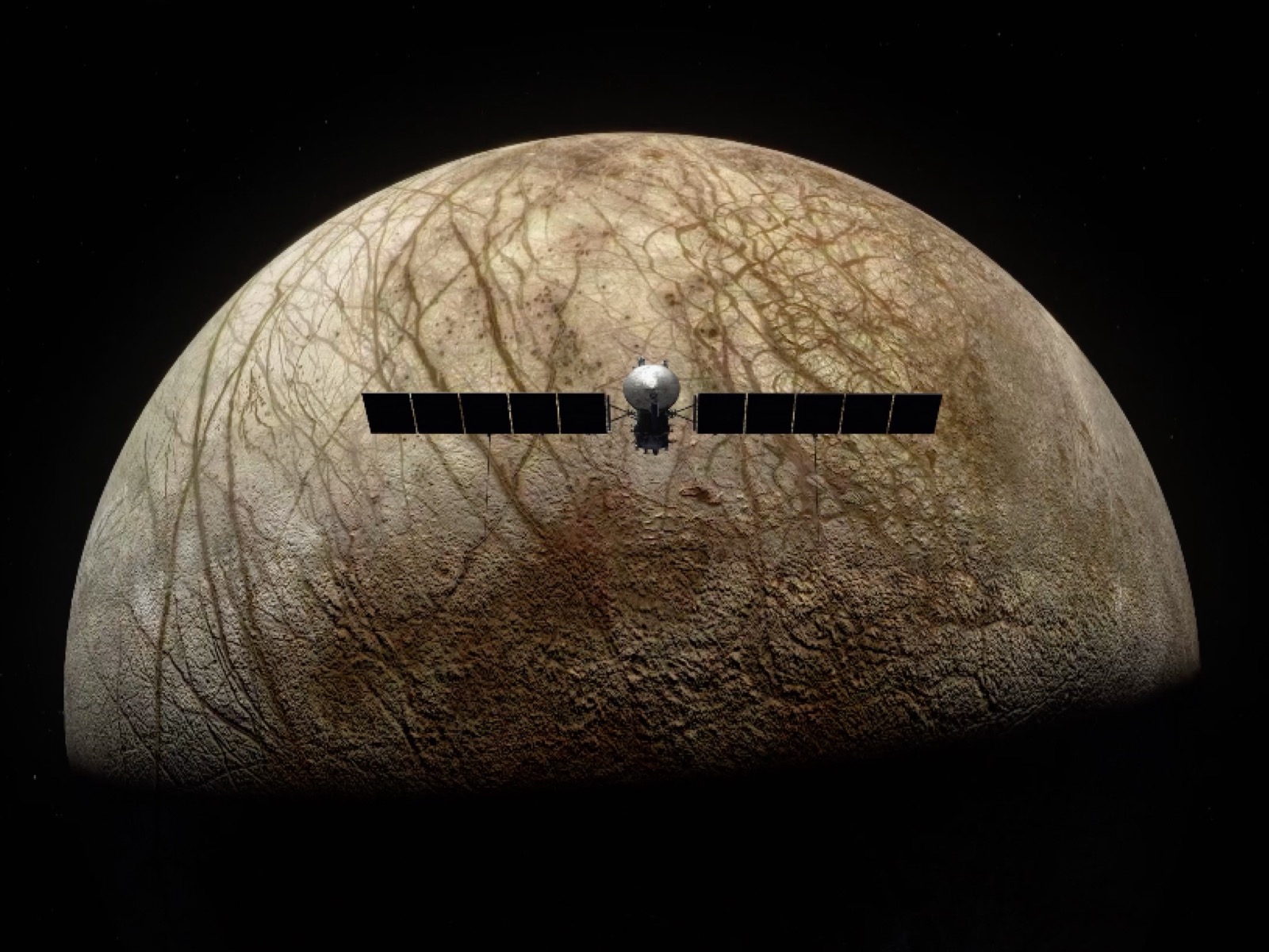 Image of Clipper Spacecraft over Europa moon.