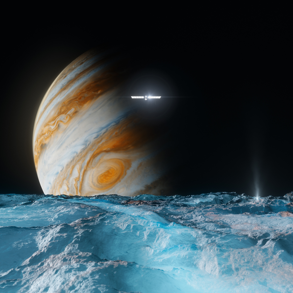An image from Europa's surface shows the moon's icy, blue surface extending into the horizon. Floating in the distance above the ice is Jupiter, tilted at a slight angle, with the Great Red Spot visible in the lower left region. The planet fades to darkness on the right. The Europa Clipper spacecraft is seen floating above the surface in front of Jupiter, shining and bright. A subtle hint of a plume is visible on the right side of the surface. 