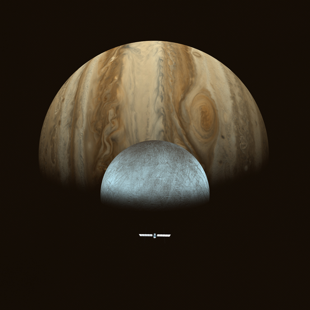 The moon Europa is seen stacked in front of Jupiter. In front of the moon, Europa Clipper is visible. 