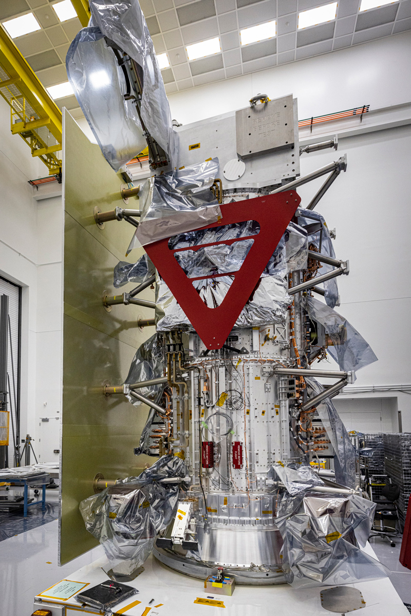 An image showing the Europa Clipper Solar Array Mechanical Simulator installed on the spacecraft’s propulsion module.