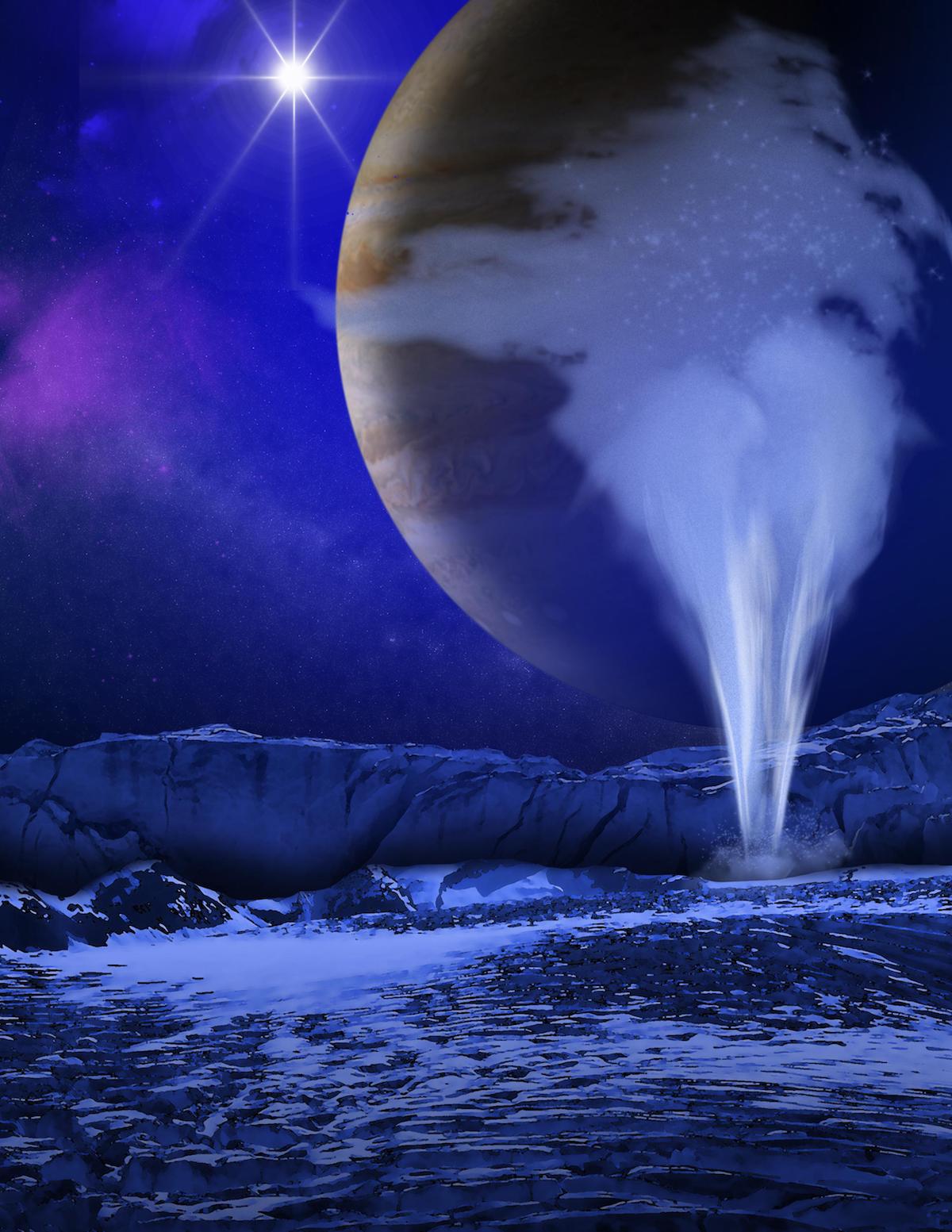 plume erupting from icy surface with Jupiter in the sky