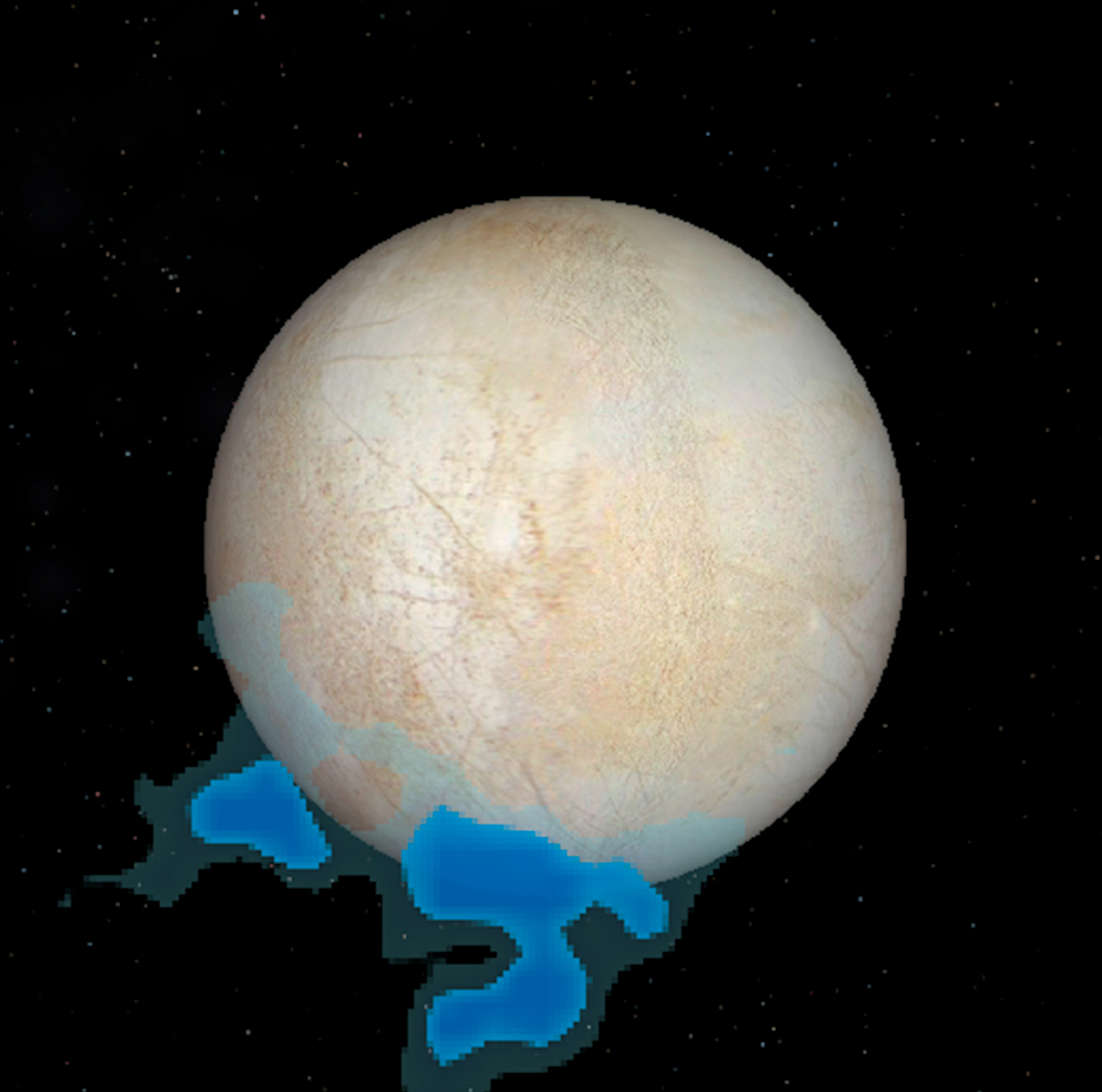 Illustration showing the location of water vapor emerging from the South Pole of Europa.