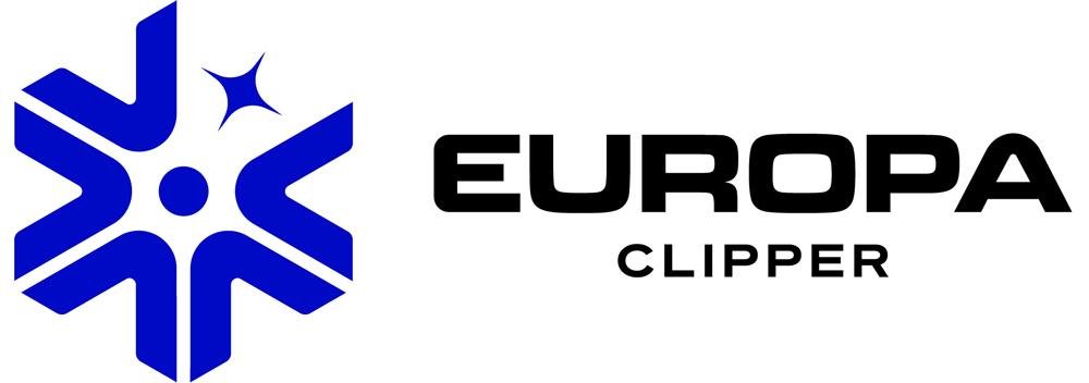 The image shows Europa Clipper's mission identifier. the symbol representing the mission is composed of a small circle with five "v" shaped arrows pointing towards the circle. On the top right, where one of the "v" shaped arrows would be, a four pointed star is located. Together, these form a hexagon shape. The name "Europa Clipper" is to the right of the shape. 