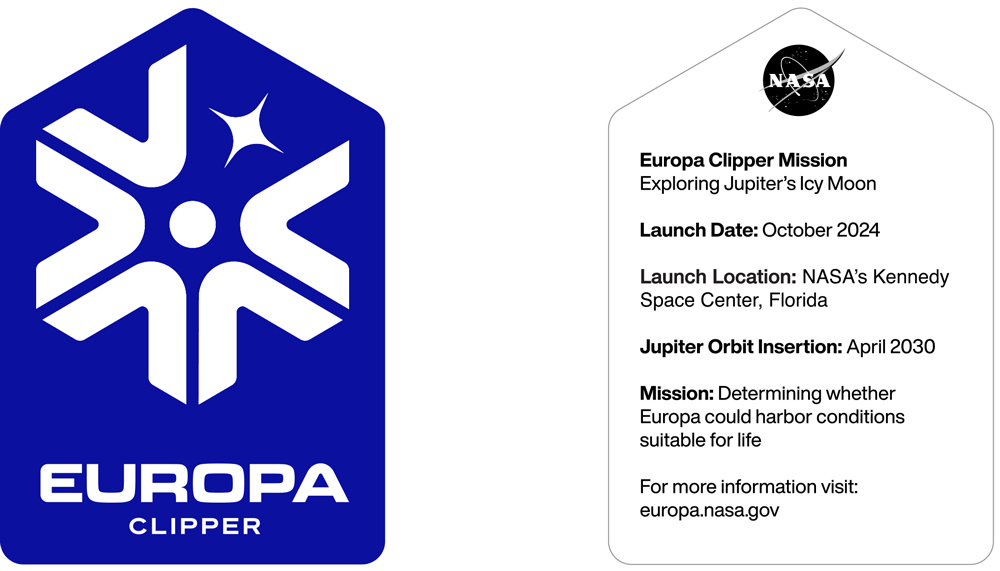 The image shows Europa Clipper's mission identifier. the symbol representing the mission is composed of a small circle with five "v" shaped arrows pointing towards the circle. On the top right, where one of the "v" shaped arrows would be, a four pointed star is located. Together, these form a hexagon shape. The name "Europa Clipper" is under the shape. The symbol and the text are resting on a blue background on the left, which constitutes the front of the sticker. 

On the right is a white area that is the back of the sticker. On the top is a NASA meatball logo. Under that, it says "Europa Clipper Mission", Exploring Jupiter's Icy Moon; "Launch Date", October 2024; "Launch Location", NASA Kennedy Space Center, Florida; "Jupiter Orbit Insertion", April 2023; "Mission", Determining whether Europa could harbor conditions suitable for life. It then says "For more information visit: europa.nasa.gov" 