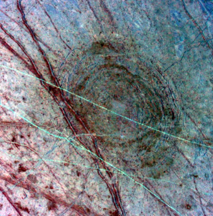 Ridged impact scar on Europa.