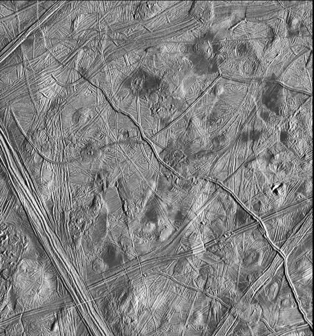 black and white view of complex terrain on an icy surface
