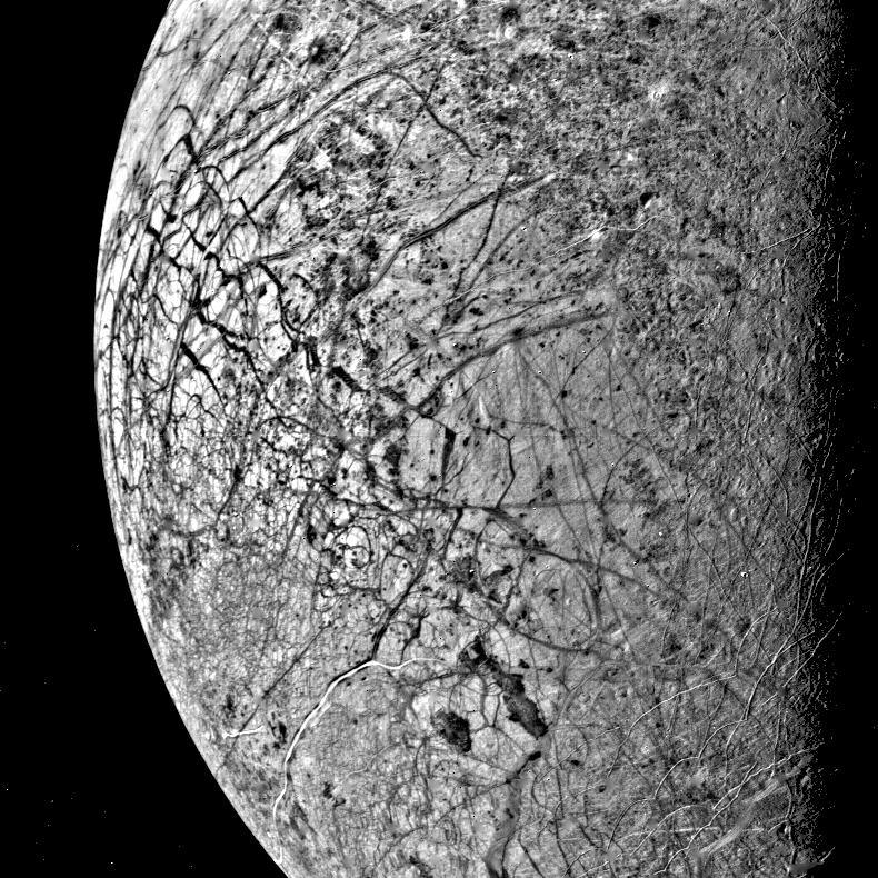 half-disc, black and white view of cracked icy surface