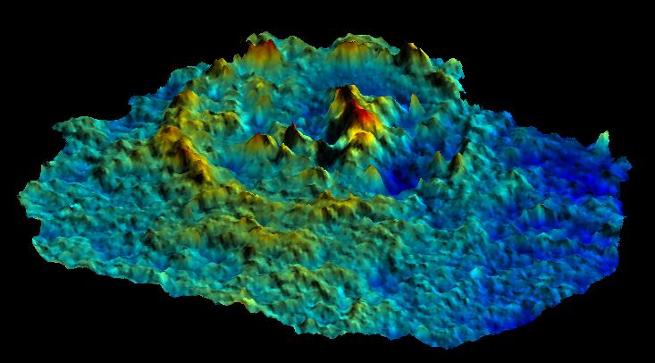 side view of crater showing topography with color representing altitudes