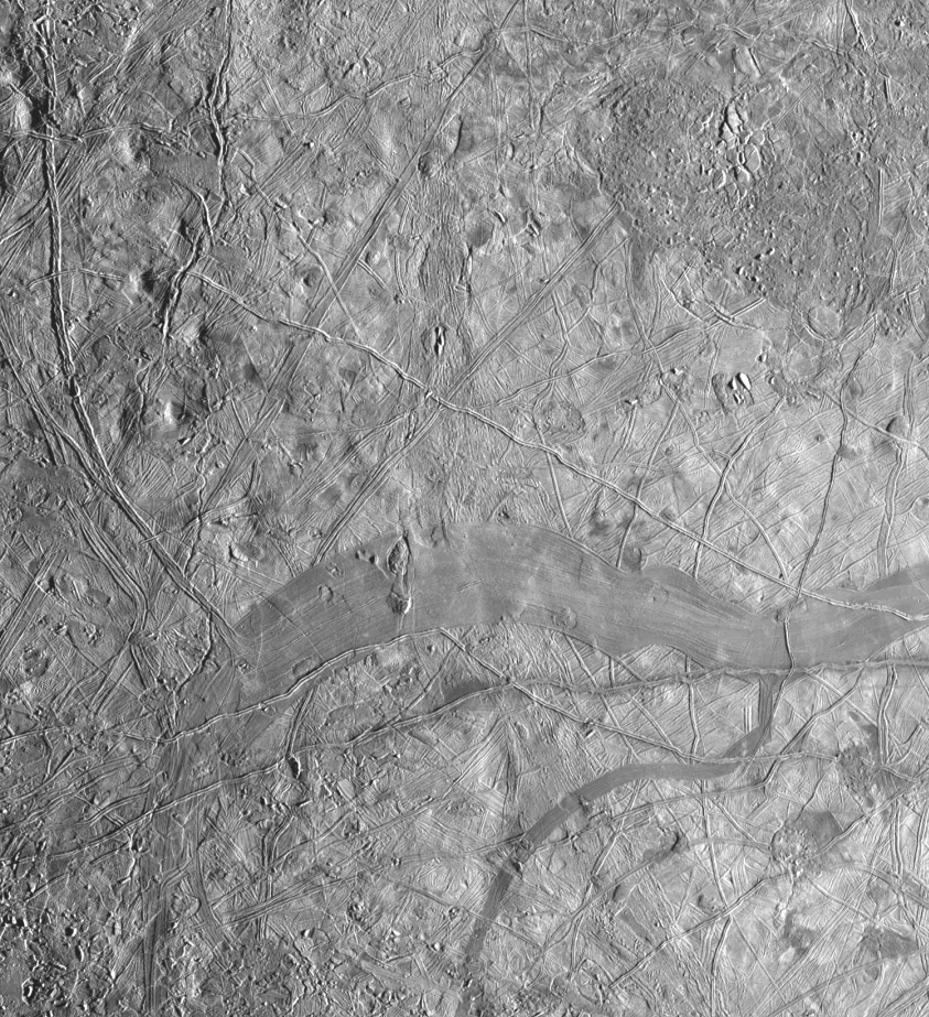 Ridges and smooth plains on Europa.