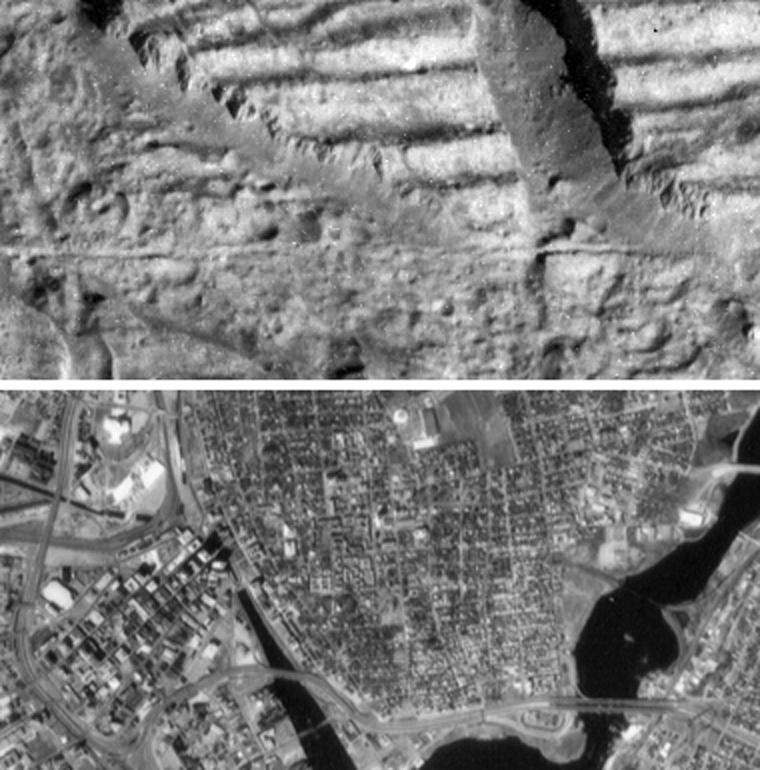 two black an white images, on showing icy terrain and another showing a city