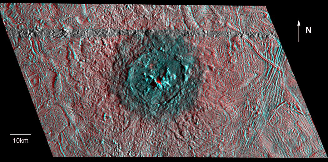 red-blue view of crater and surrounding terrain