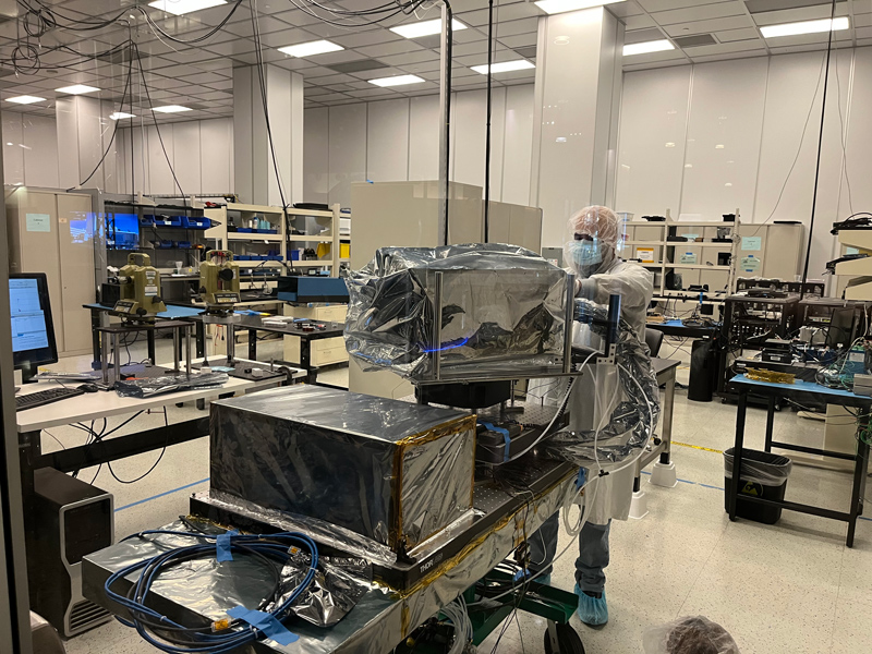 Europa Clipper’s thermal imager sits in its protective enclosure in the cleanroom at Arizona State University.