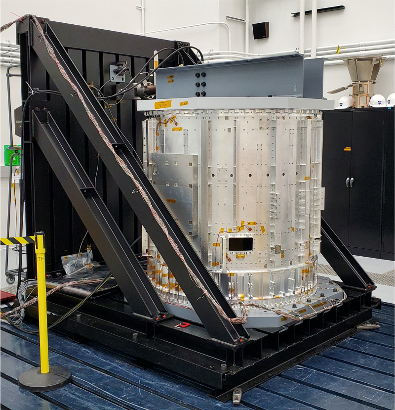 The Propulsion Module Development Test Model lower cylinder section undergoes a static load test in a cleanroom at the Johns Hopkins Applied Physics Laboratory (APL) in Laurel, Maryland.