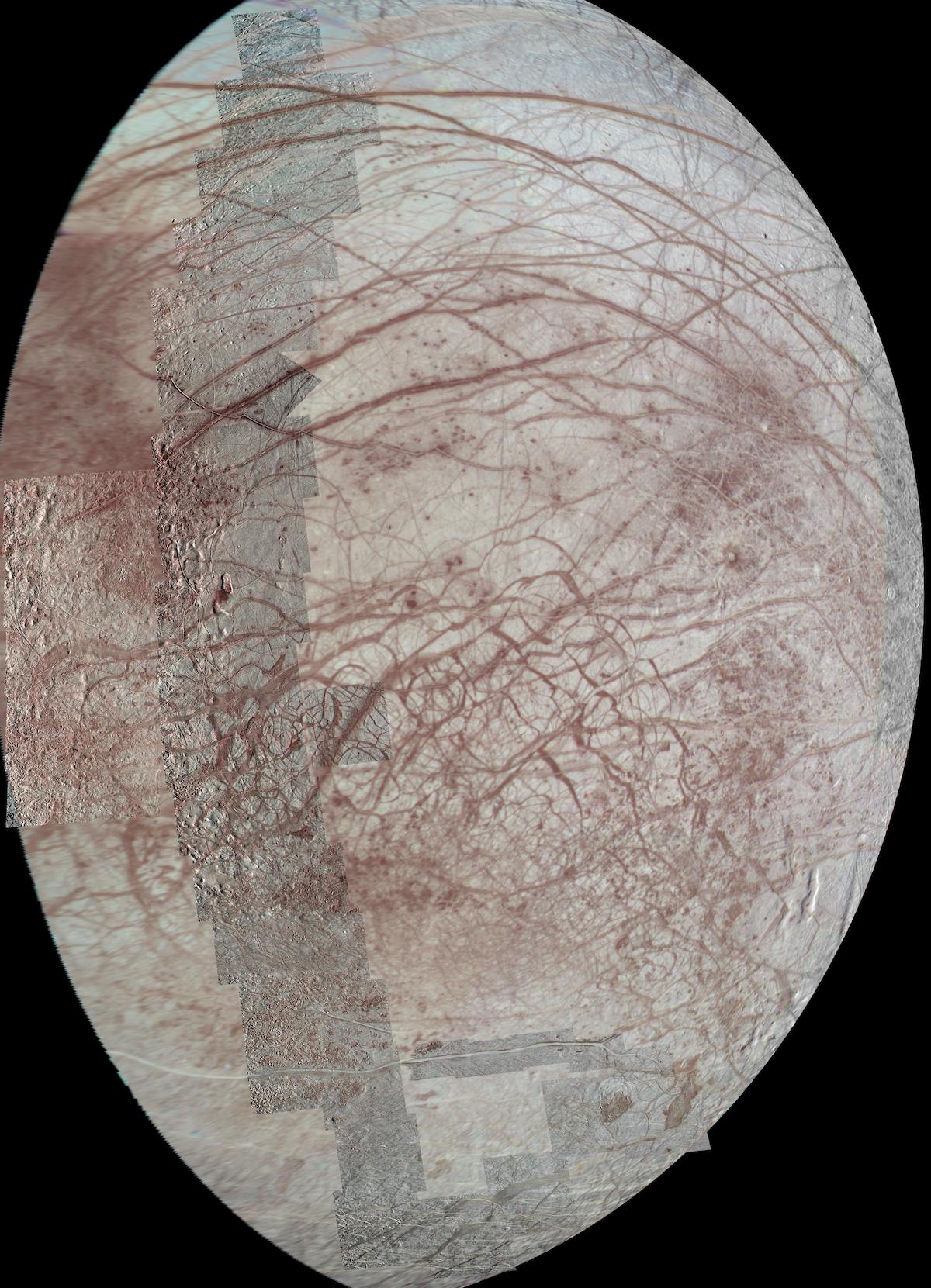 high-resolution color images of terrain superimposed over a lower-resolution view of about half of Europa's surface