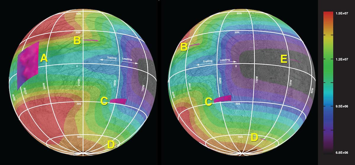 two global views of Europa with colors representing chemical components