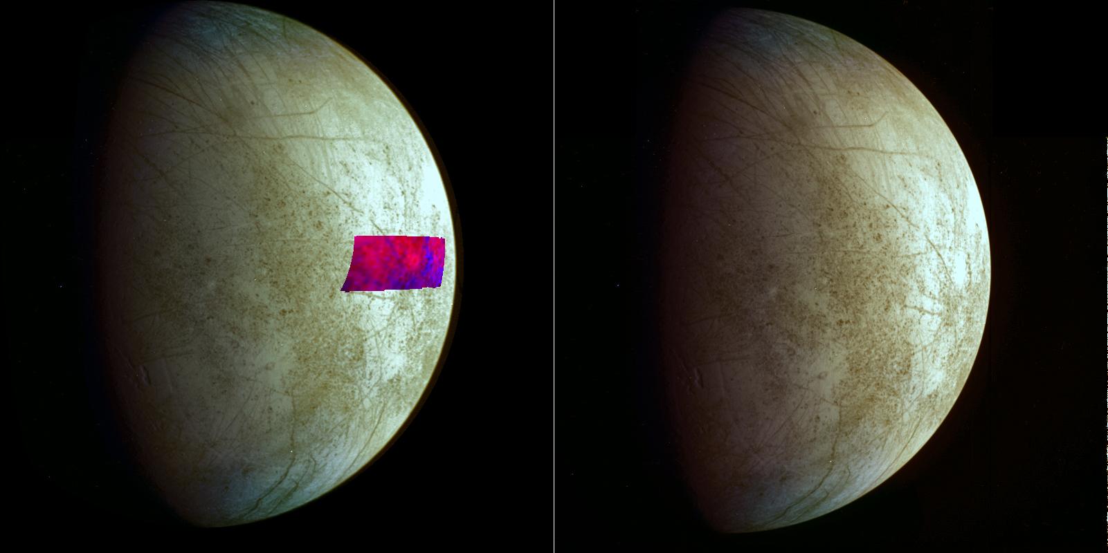 two color, global views of europa, one with a color region superimposed showing the chemical composition of surface features