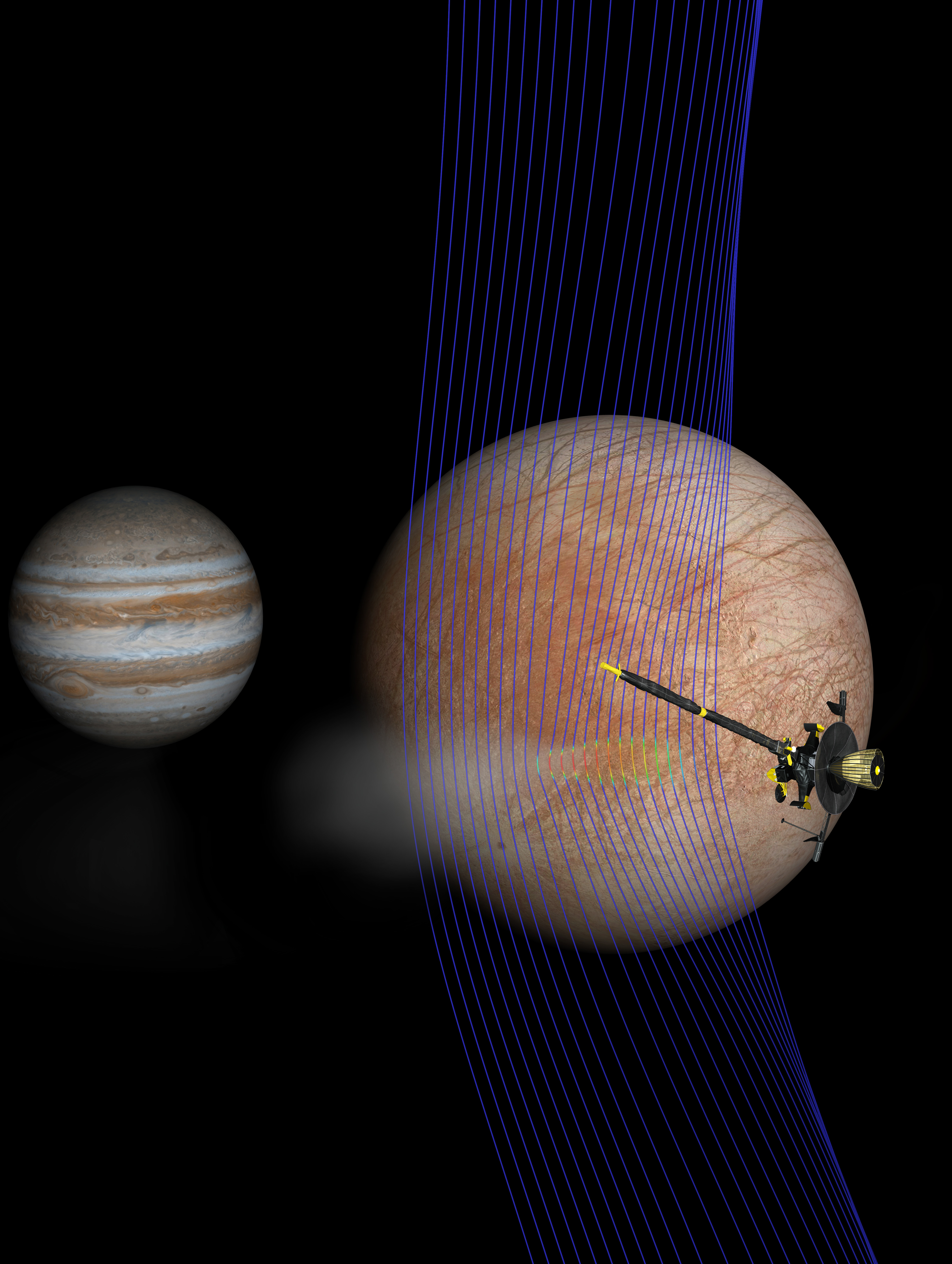 Artist’s illustration of Jupiter and Europa (in the foreground) with the Galileo .