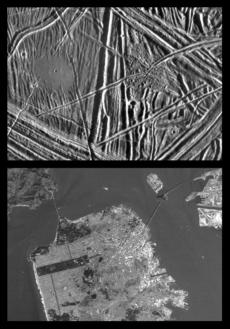 Series of images showing scale of Jupiter's moon Europa to the San Franscisco Bay Area.
