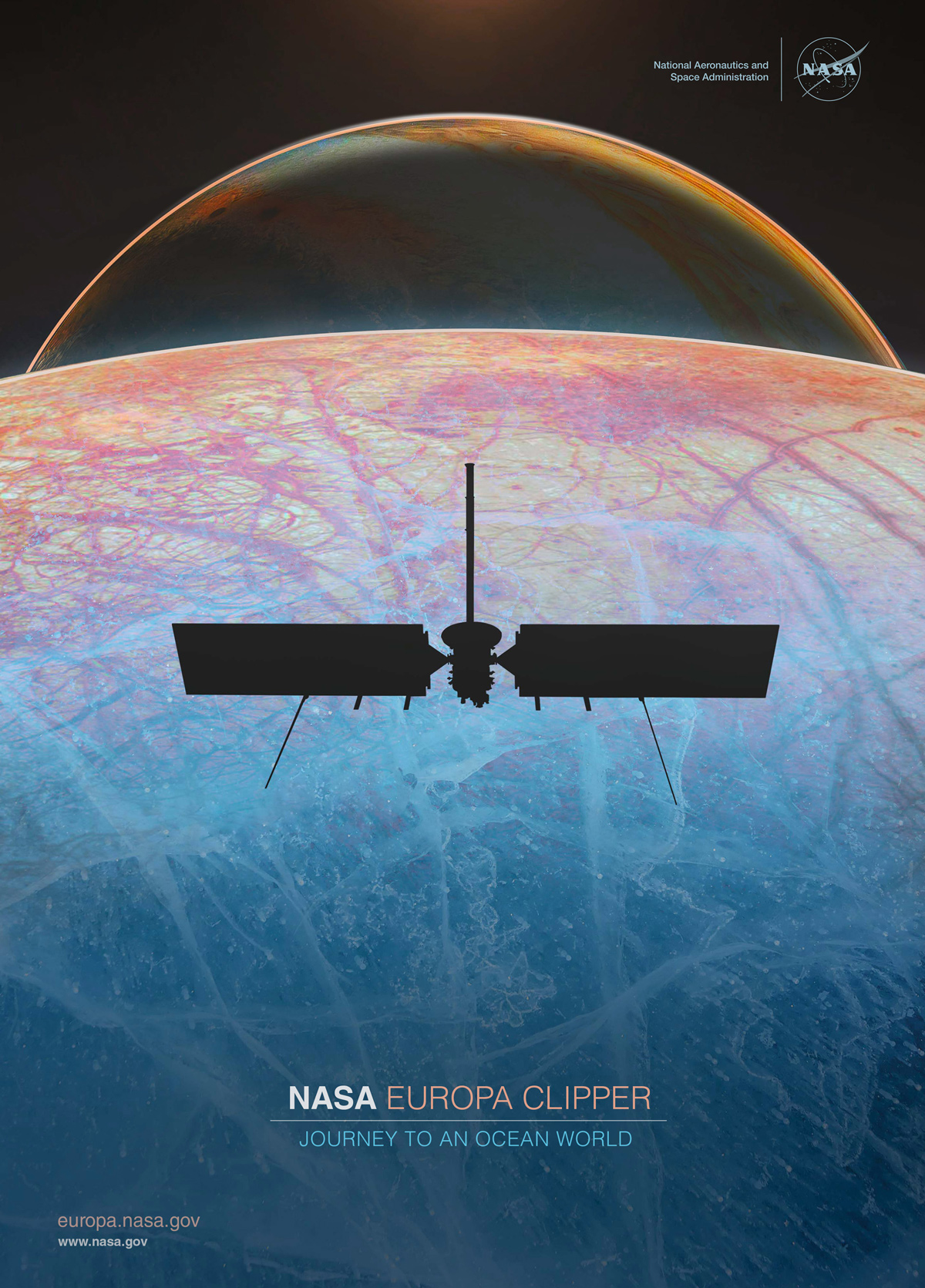illustrated poster of the Europa Clipper spacecraft silhouetted above Europa with Jupiter in the background