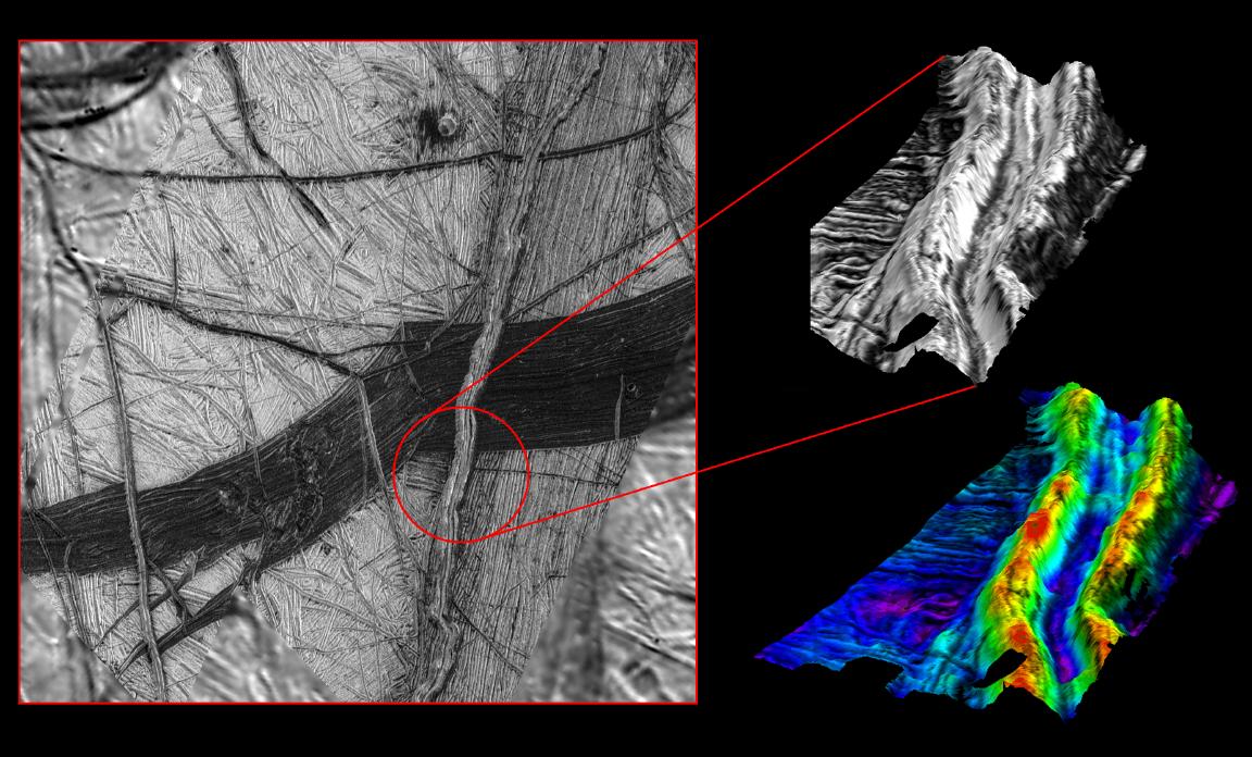 A black and white and 3D image on ridges on Europa.