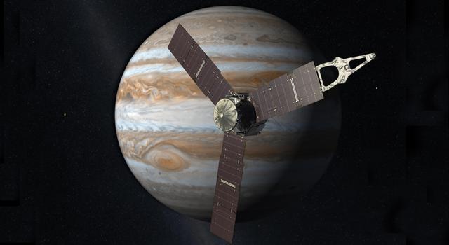 NASA's Juno spacecraft is visible in front of Jupiter, which appears as a large planet looming in the distance. All three of Juno's solar arrays are visible