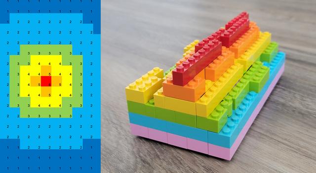 A multi-layered surface is visible, composed of legos. The different colors relate to different surface elevations. 