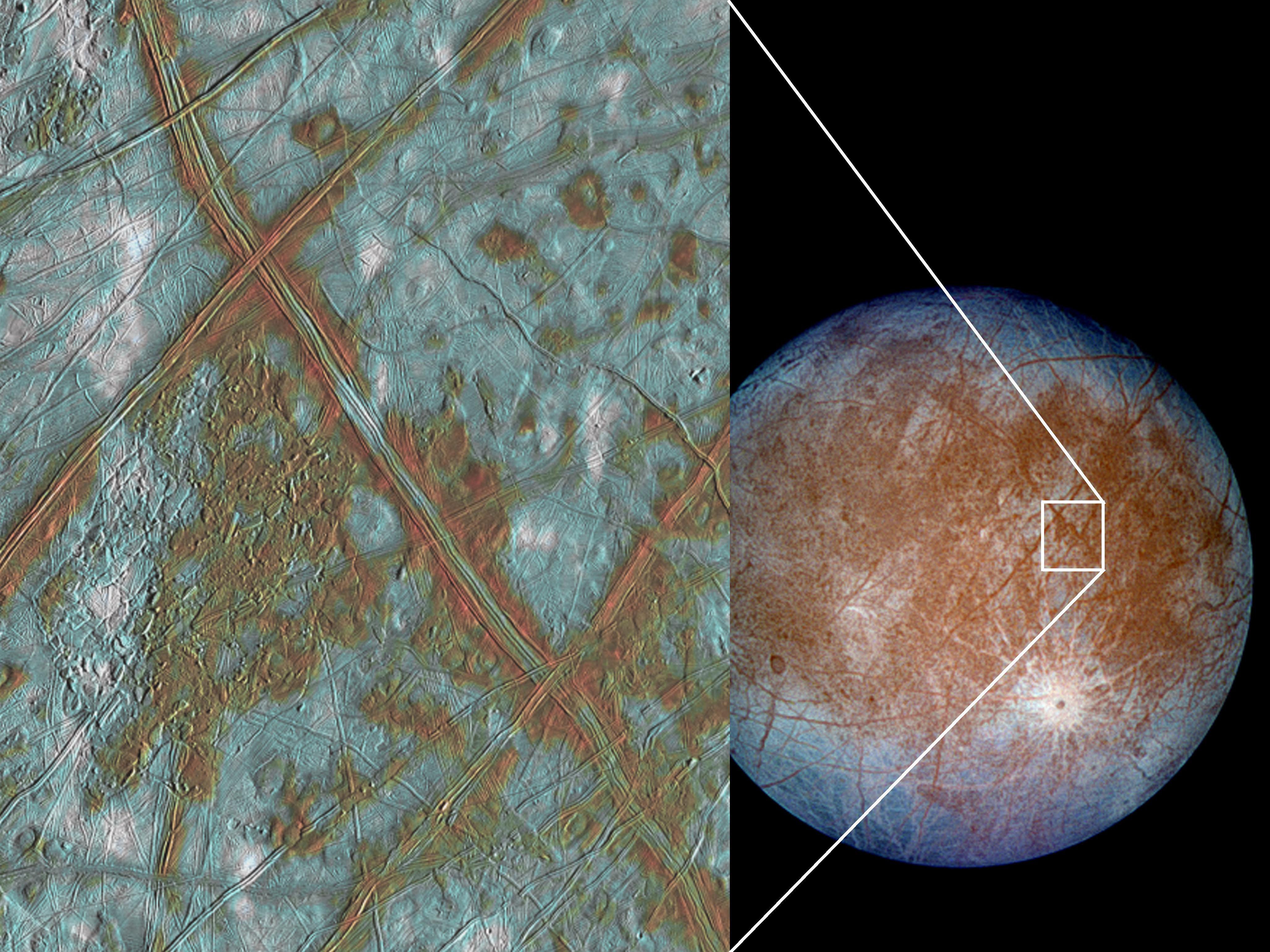 Jupiter's moon Europa has a crust made up of blocks, which are thought to have broken apart and 'rafted' into new positions.