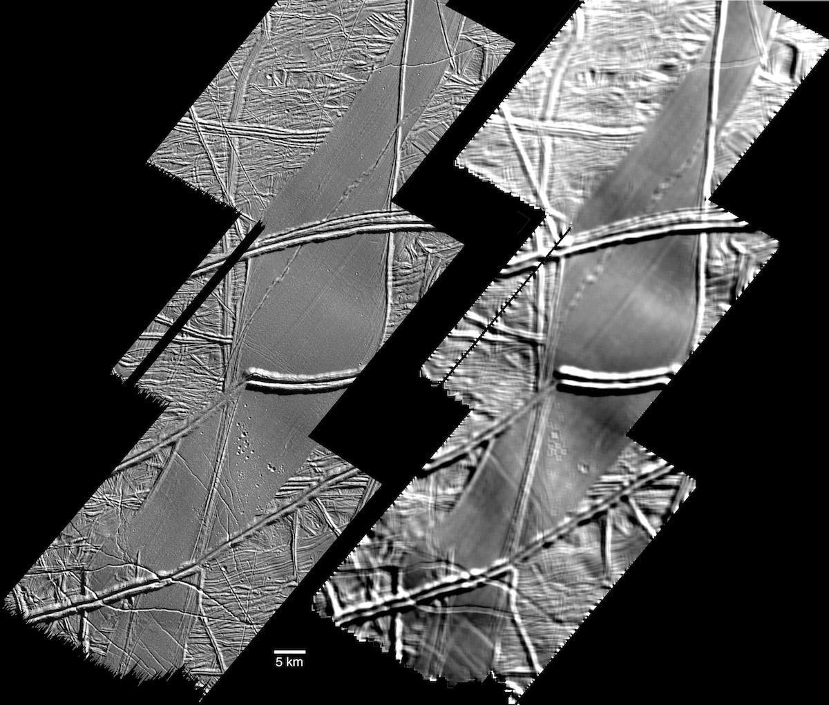 two black and white views of ridged surface under different lighting conditions