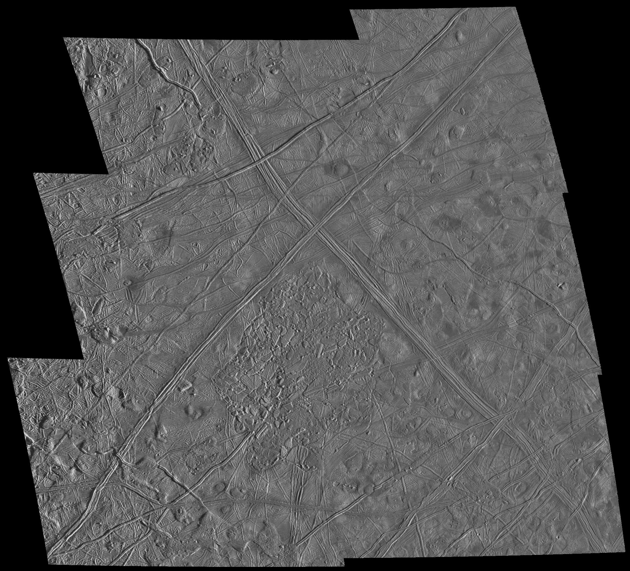 Ridges form X on surface of Europa