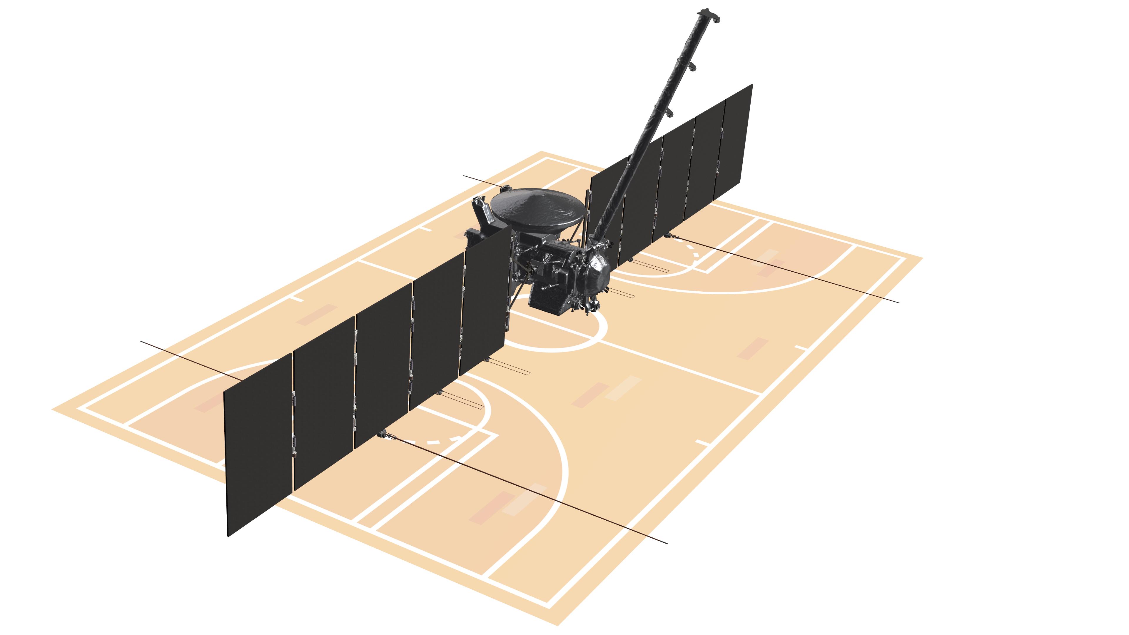 A dark gray model of Europa Clipper hovers above a yellowish orange illustration of a basketball court.