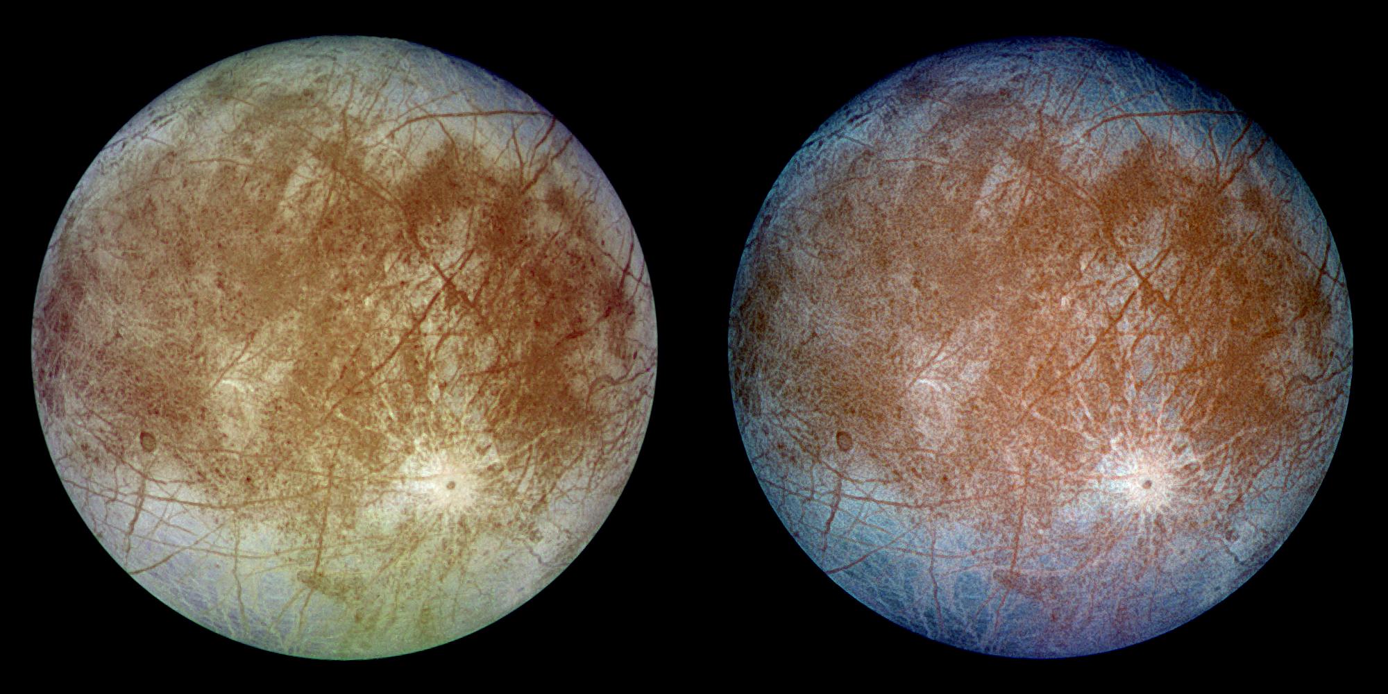 This image shows two views of the trailing hemisphere of Jupiter's ice-covered satellite, Europa.