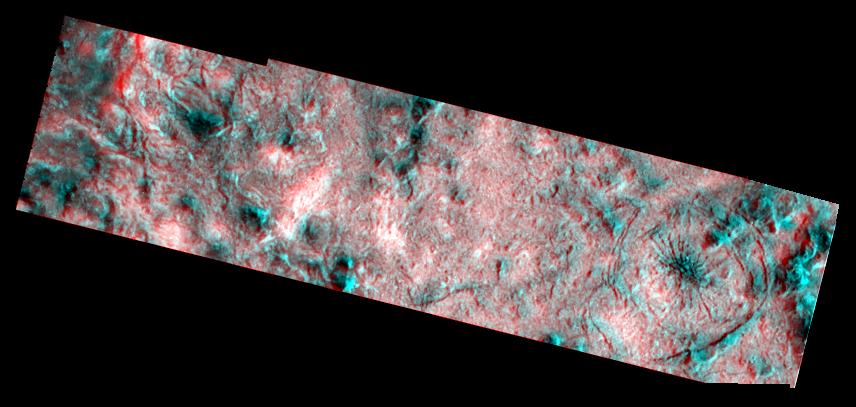 red-blue view of cratered surface