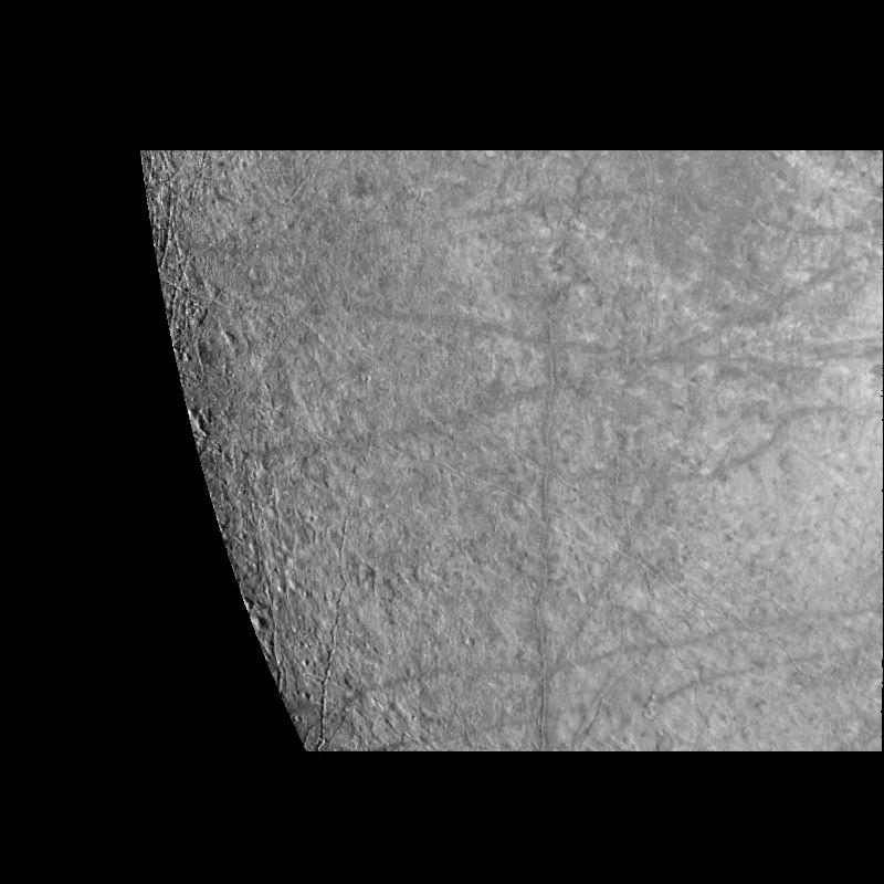black and white partial view of moon with stripes on the surface