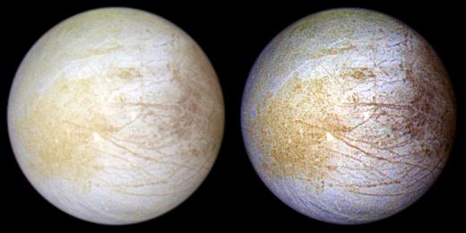 two color, full-disc views of europa with different colors