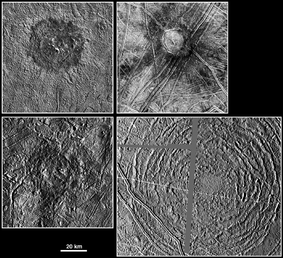 four black and white views of circular features on icy terrain