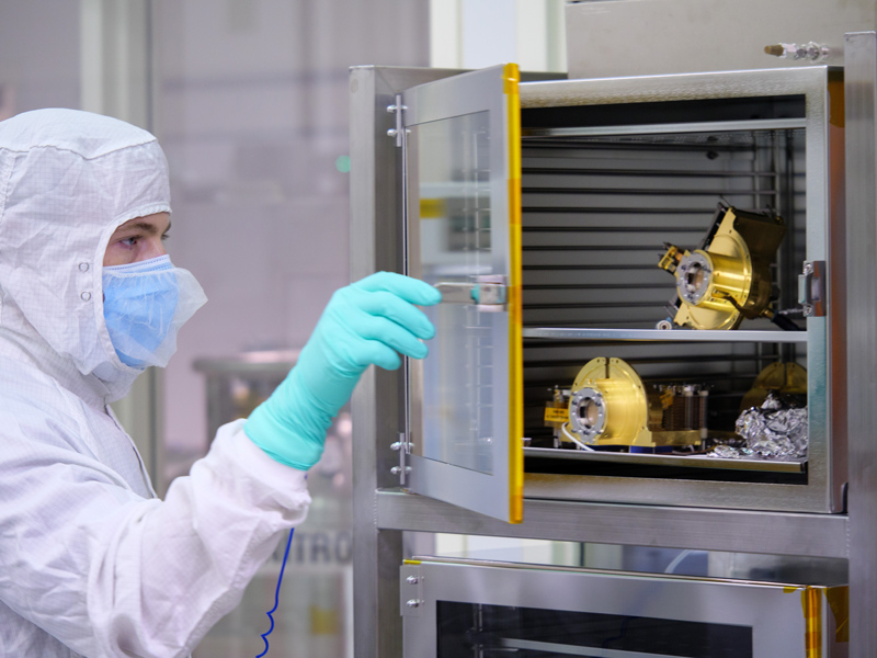 An image showing that backup flight-ready ion detectors for the SUrface Dust Analyzer (SUDA) are stored in a dry nitrogen environment to protect these highly sensitive instruments from degradation due to contamination or moisture in the air. 