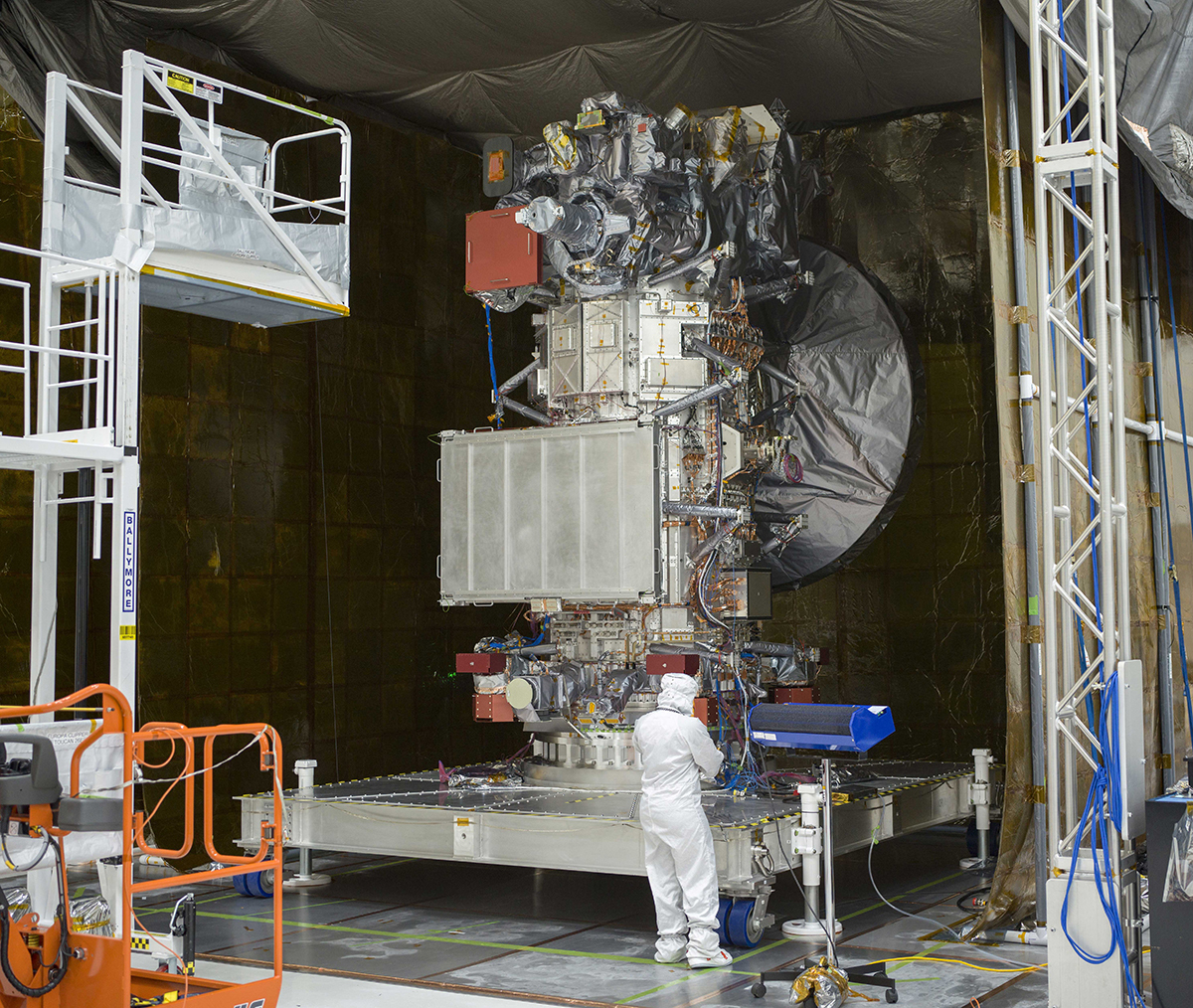 NASA’s Europa Clipper, with all of its instruments installed, is visible in the clean room of High Bay 1 at the agency’s Jet Propulsion Laboratory on Jan. 19.