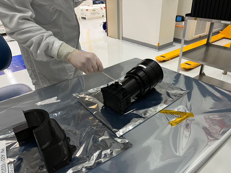 A 3D-printed mock-up of optical head and shielding for Europa Clipper’s stellar reference unit (or star tracker) going through contamination control and planetary protection sampling prior to entering a clean room at NASA’s Jet Propulsion Laboratory.