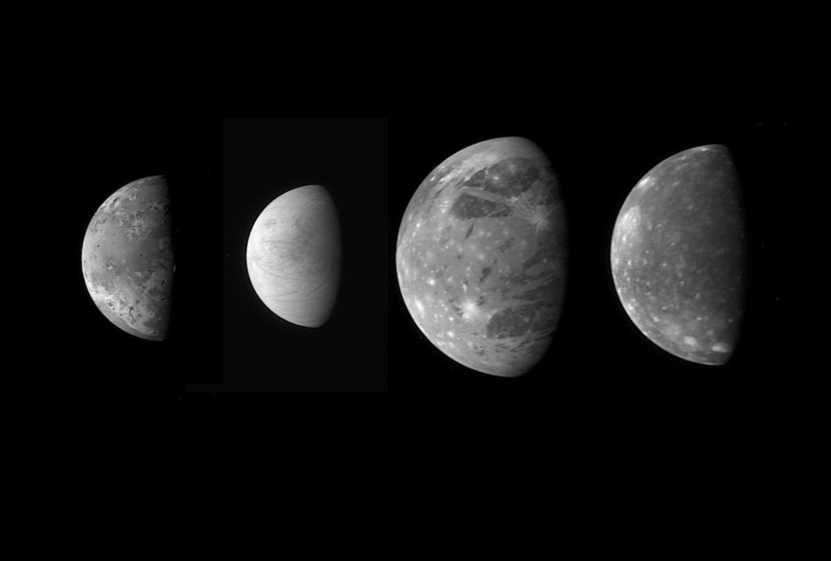 four black and white views of moons in gibbous phase