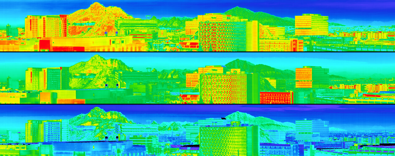 Diurnal temperature color image from the first light test of Europa Clipper’s thermal imager (called E-THEMIS), taken from the rooftop of the Interdisciplinary Science and Technology Building 4 on the Tempe Campus of Arizona State University (ASU). The top image was acquired at 12:40 p.m., the middle at 4:40 p.m., and the bottom image at 6:20 p.m. (after sunset). Temperatures are approximations during this testing phase.