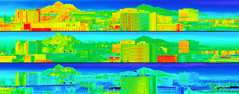 An image showing three strips of the same landscape, each corresponding to a different time of the day, with the colors changing to reflect the buildings heating and cooling down during the day. 