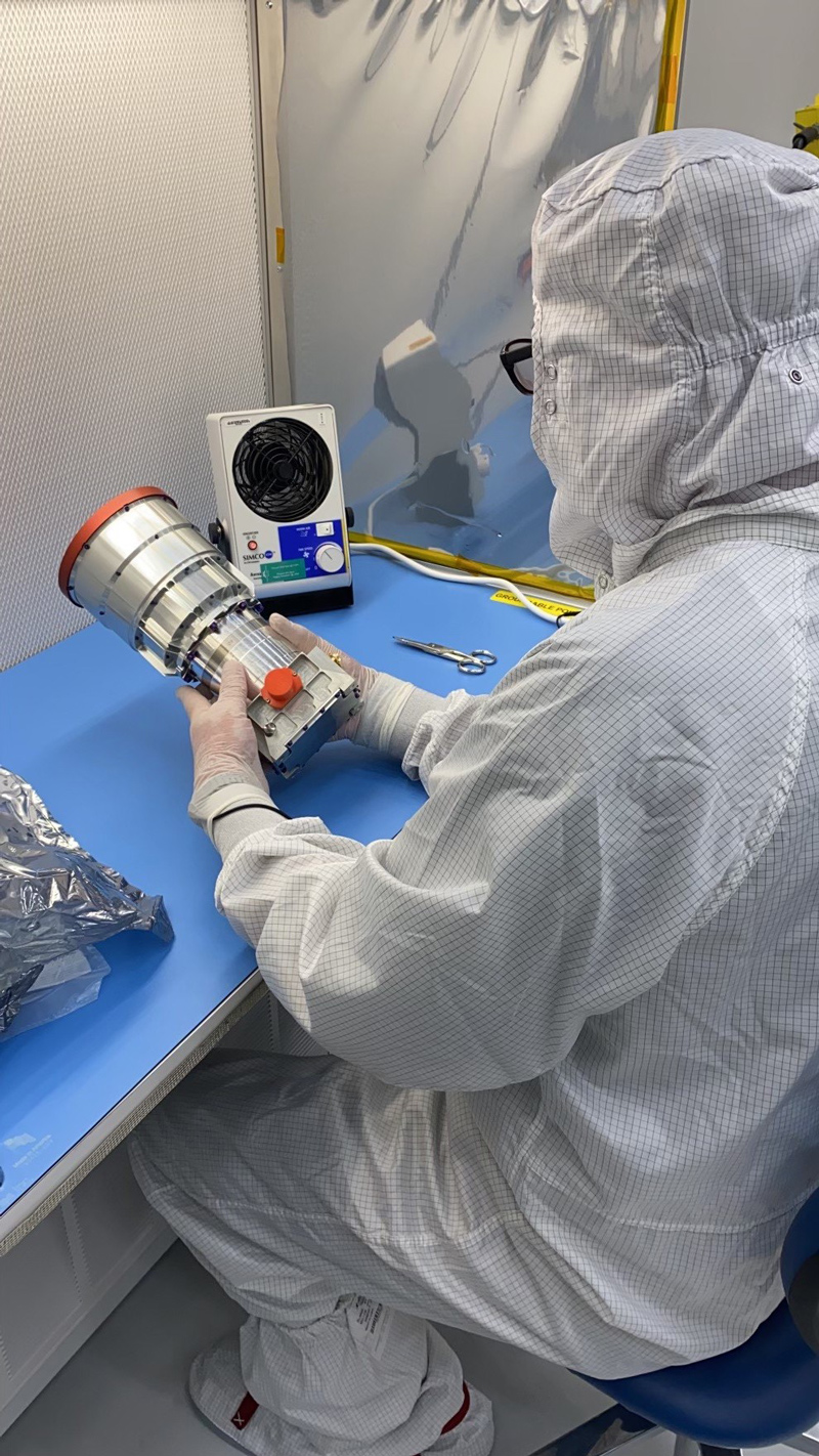 One of Europa Clipper’s star tracker optical heads in a JPL clean room for testing.