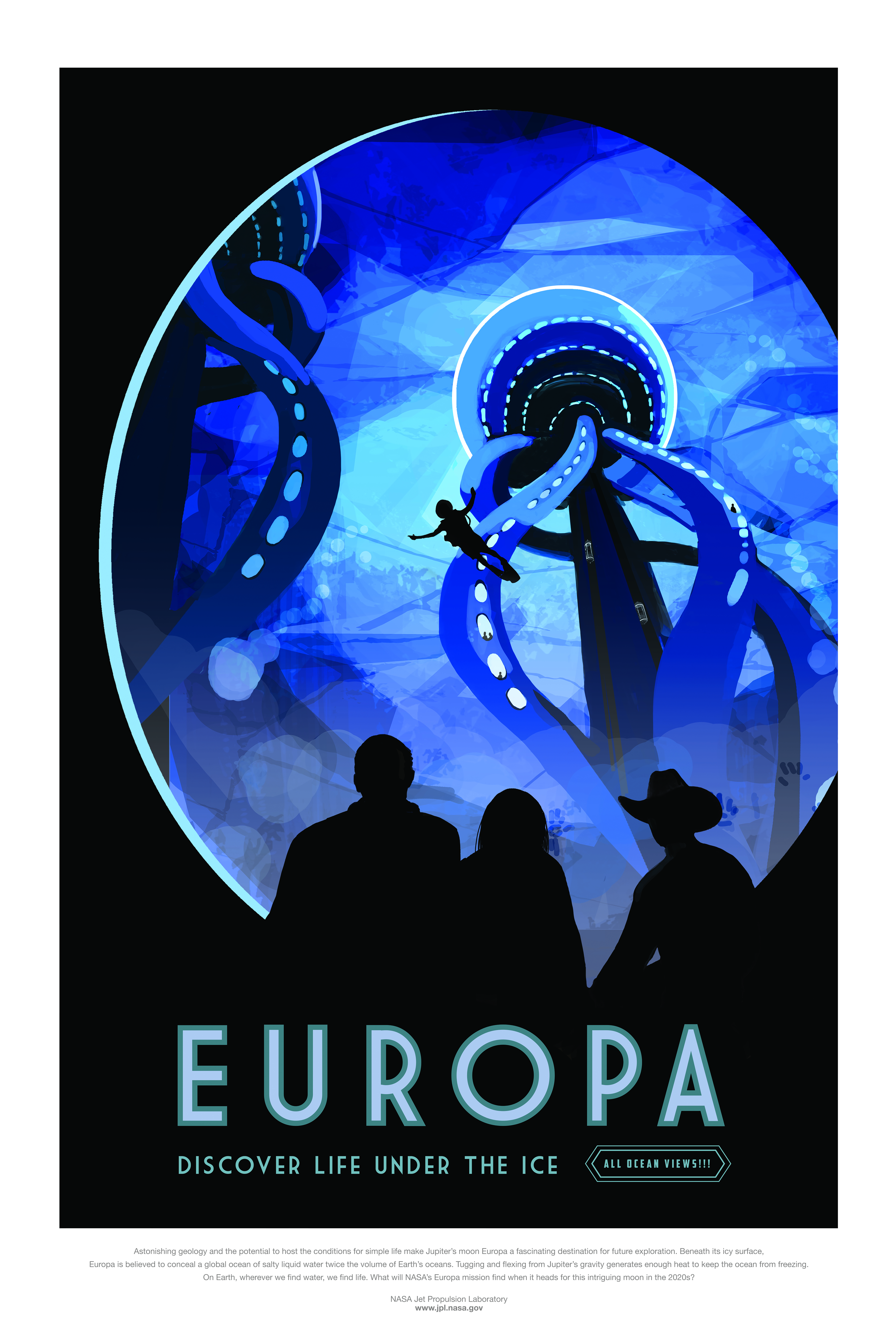 Colorful travel poster showing tourists looking up through a futuristic city in the ocean on icy moon Europa.